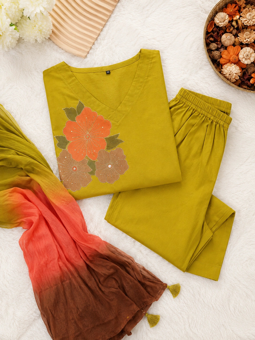 Mustard cotton-silk-blend embroidered kurta with pant and dupatta