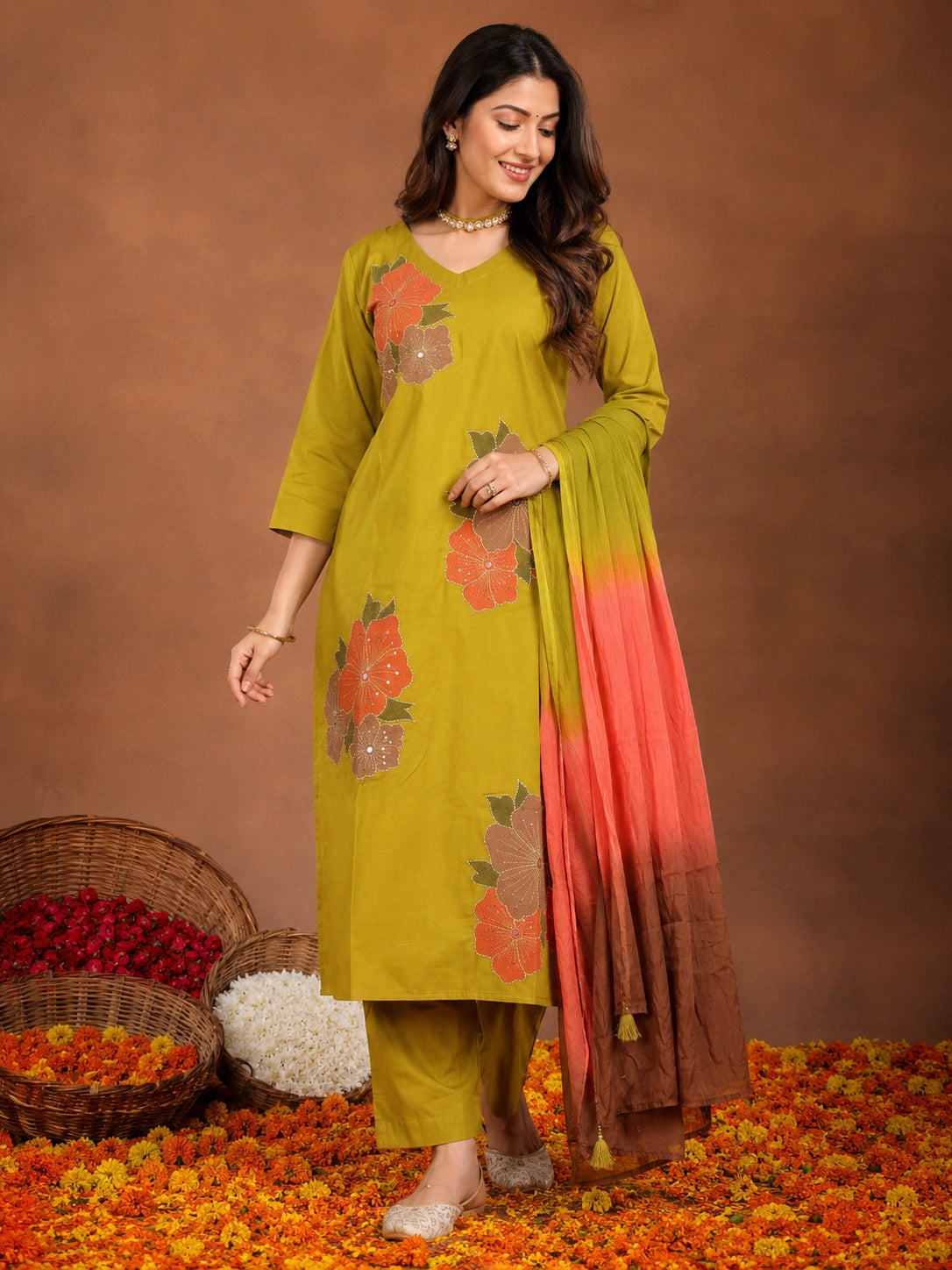 Mustard cotton-silk-blend embroidered kurta with pant and dupatta