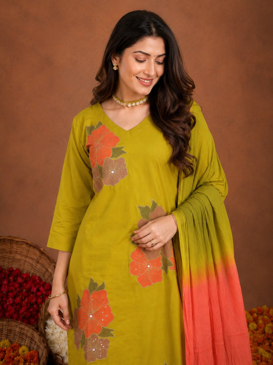 Mustard cotton-silk-blend embroidered kurta with pant and dupatta