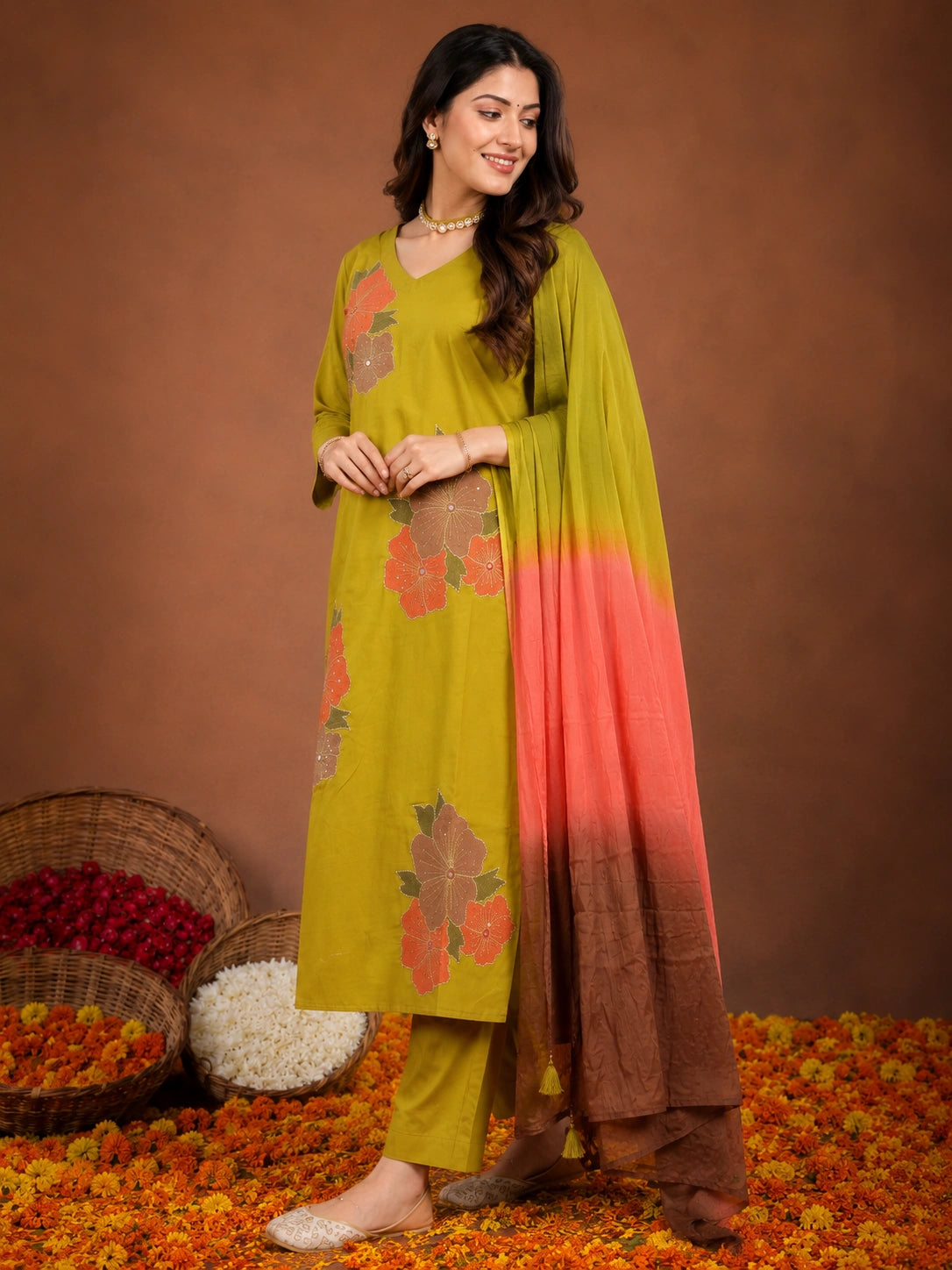 Mustard cotton-silk-blend embroidered kurta with pant and dupatta