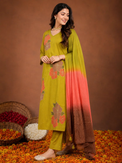 Mustard cotton-silk-blend embroidered kurta with pant and dupatta