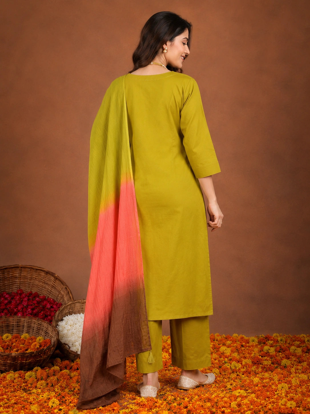 Mustard cotton-silk-blend embroidered kurta with pant and dupatta