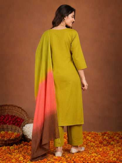 Mustard cotton-silk-blend embroidered kurta with pant and dupatta