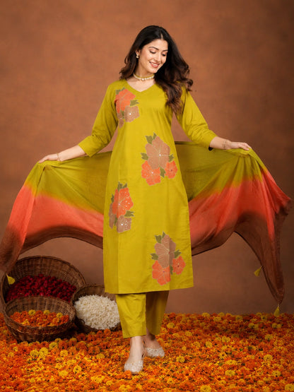 Mustard cotton-silk-blend embroidered kurta with pant and dupatta