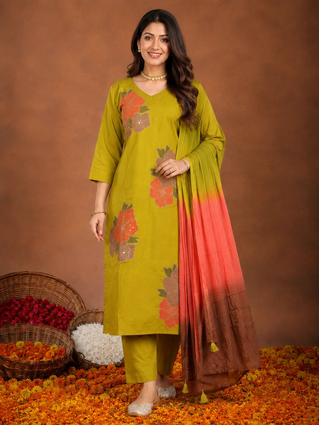 Mustard cotton-silk-blend embroidered kurta with pant and dupatta