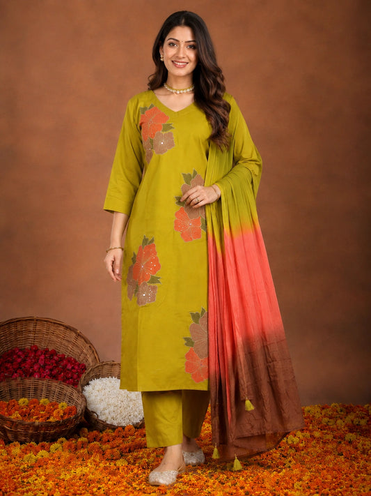 Mustard cotton-silk-blend embroidered kurta with pant and dupatta
