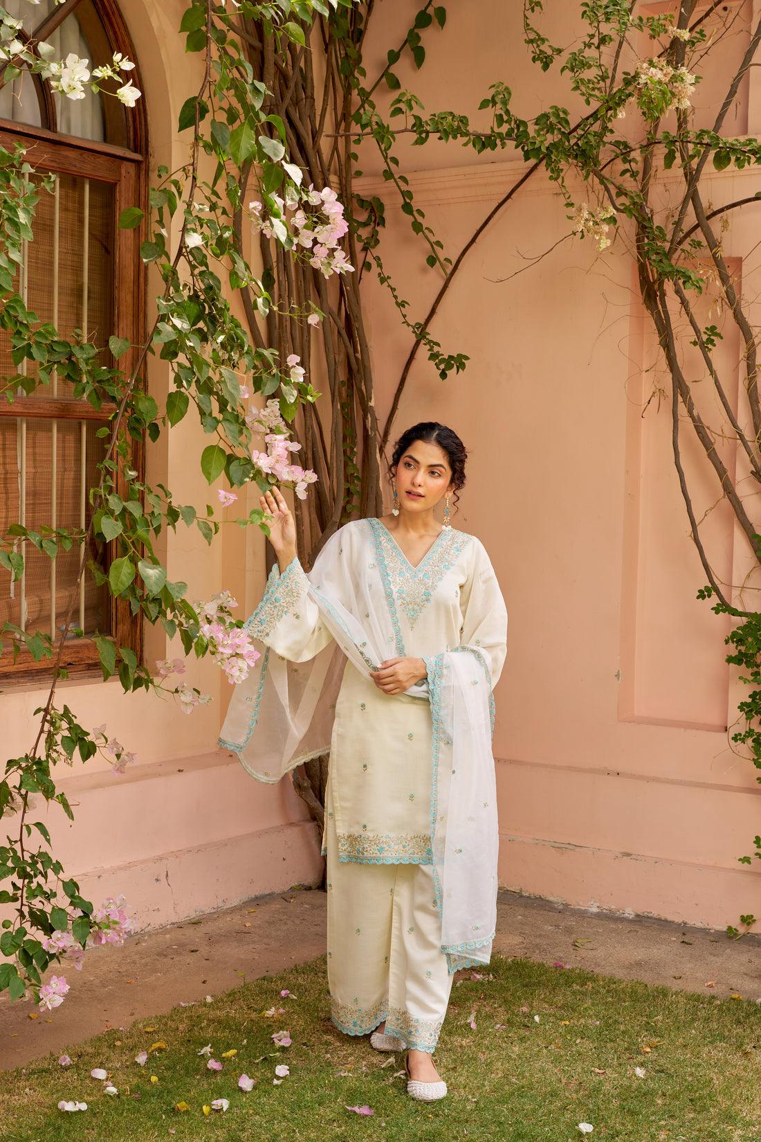 Bul-bul Ivory Embroidered Kurta Set. - Ramya