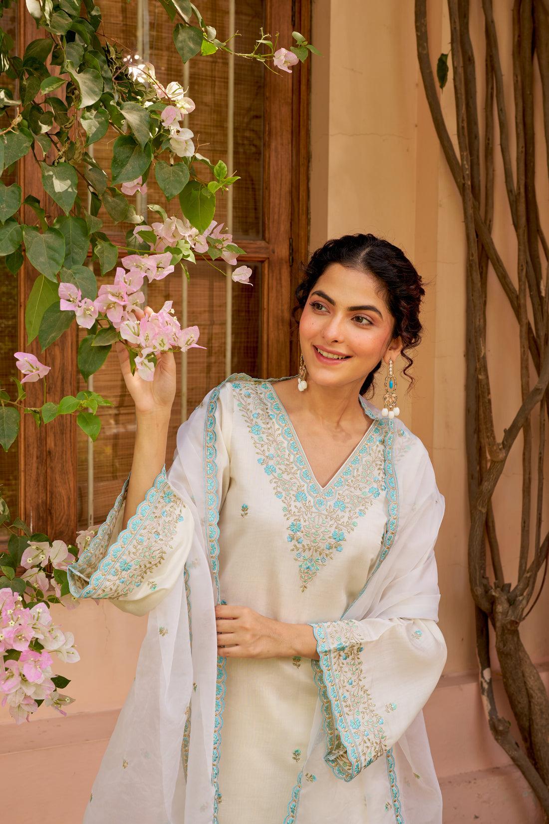 Bul-bul Ivory Embroidered Kurta Set. - Ramya