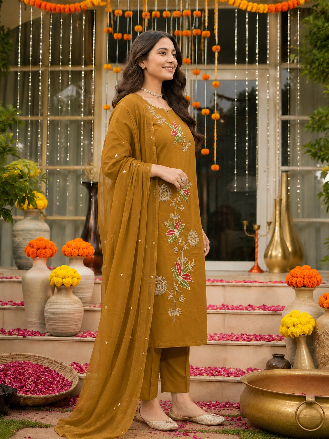 Mustard Floral Embroidered Cotton Suit Set