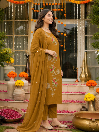 Mustard Floral Embroidered Cotton Suit Set