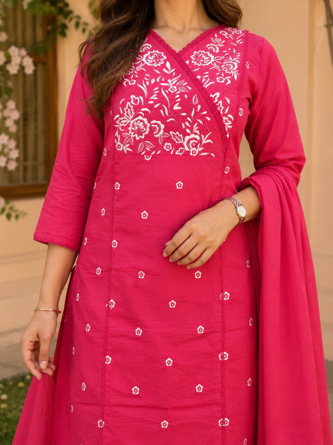 Women's embroidered pink kurta pant set with dupatta