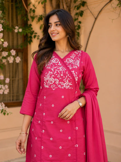 Pink V-neck embroidered kurta with matching pants and dupatta
