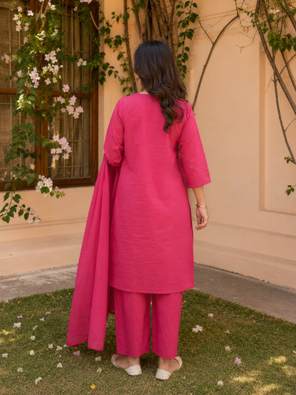 Women's embroidered pink kurta pant set with dupatta