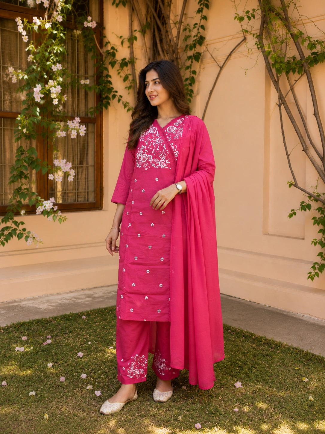 Pink cotton embroidered kurta set with dupatta for women