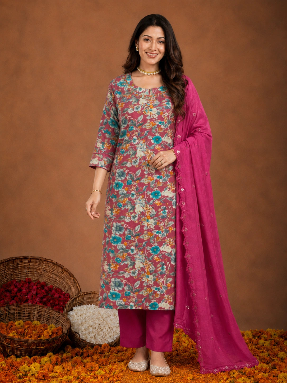 Pink silk blend floral printed suit with dupatta for women
