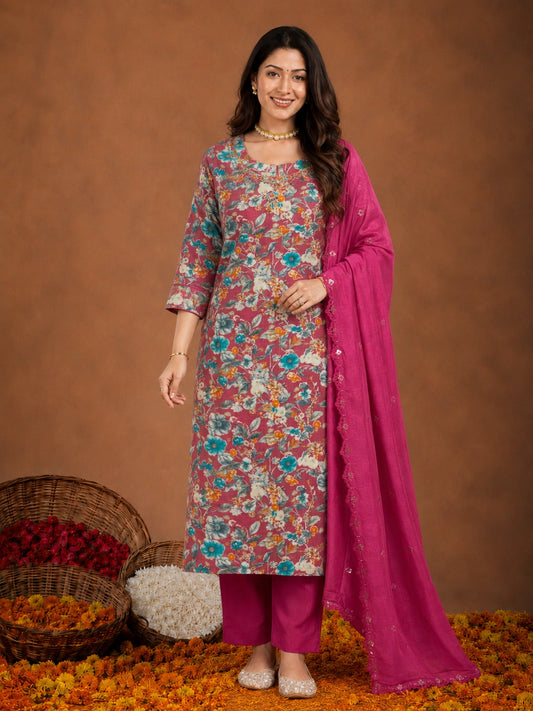 Pink silk blend floral printed suit with dupatta for women