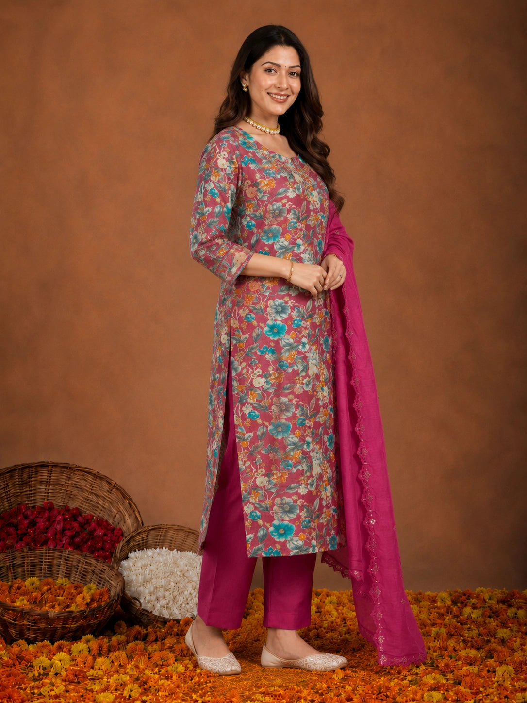 Pink silk blend floral printed suit with dupatta for women