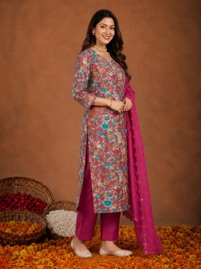 Pink silk blend floral printed suit with dupatta for women
