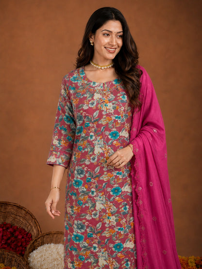 Pink silk blend floral printed suit with dupatta for women