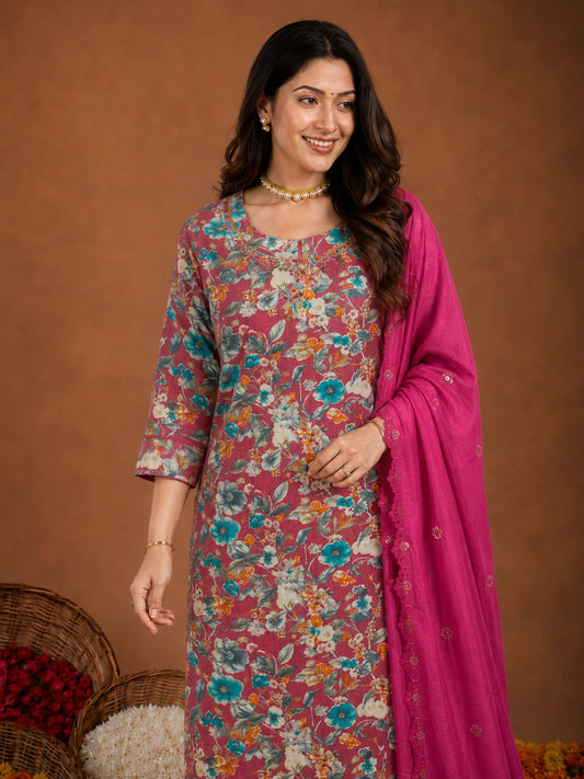 Pink silk blend floral printed suit with dupatta for women