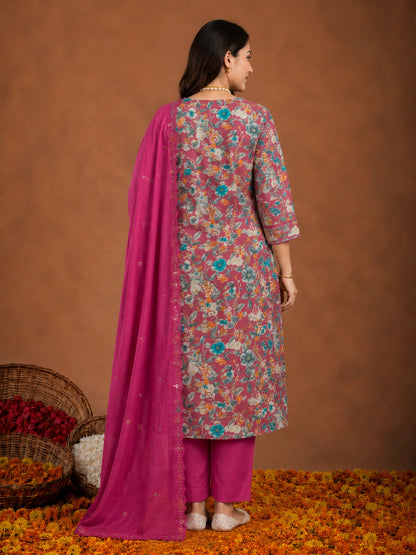 Pink silk blend floral printed suit with dupatta for women