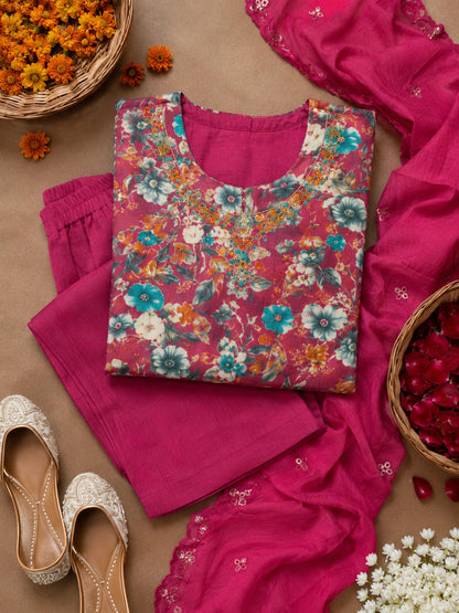 Pink silk blend floral printed suit with dupatta for women
