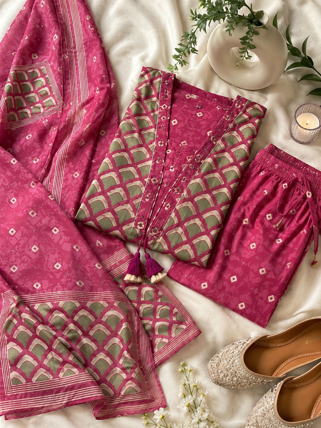 Dusty Pink Cotton Printed Suit Set for Women with Dupatta