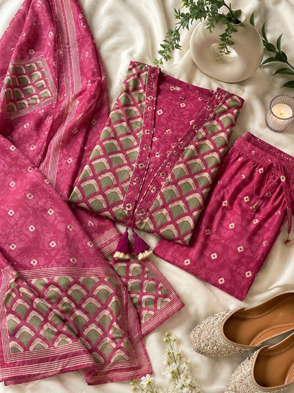 Dusty Pink Cotton Printed Suit Set for Women with Dupatta