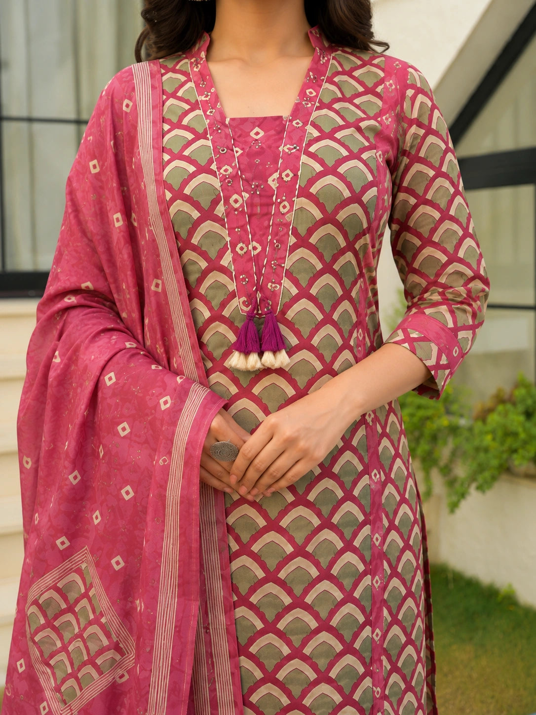 Dusty Pink Cotton Printed Suit Set for Women with Dupatta