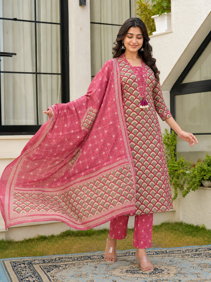Dusty Pink Cotton Printed Suit Set for Women with Dupatta