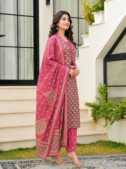 Dusty Pink Cotton Printed Suit Set for Women with Dupatta
