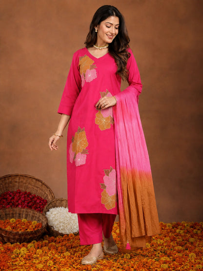 Pink cotton silk blend kurta with pant and dupatta