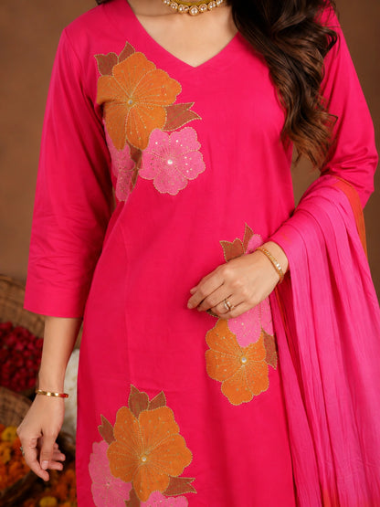 Pink cotton silk blend kurta with pant and dupatta