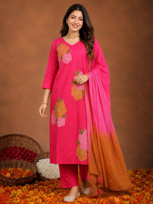 Pink cotton silk blend kurta with pant and dupatta