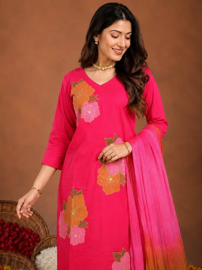 Pink cotton silk blend kurta with pant and dupatta