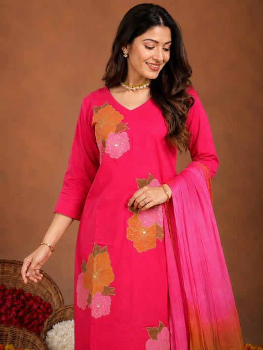 Pink cotton silk blend kurta with pant and dupatta
