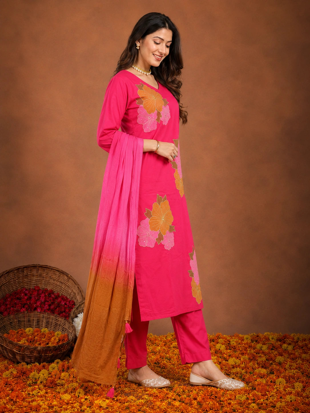 Pink cotton silk blend kurta with pant and dupatta