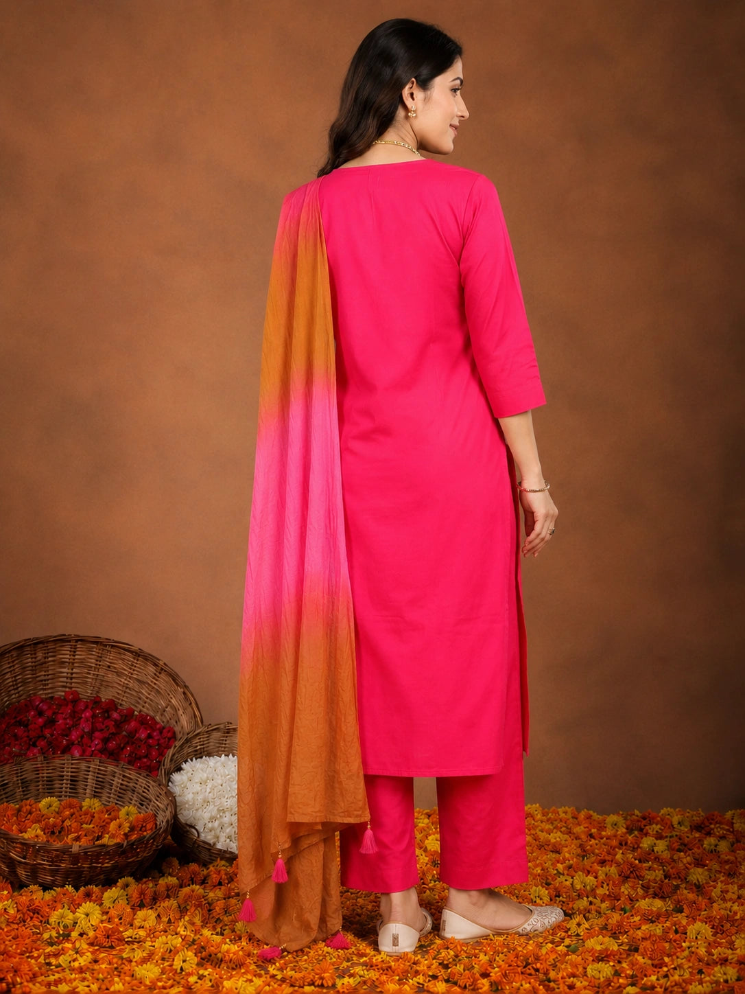 Pink cotton silk blend kurta with pant and dupatta