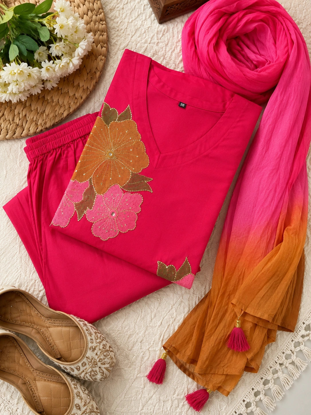 Pink cotton silk blend kurta with pant and dupatta