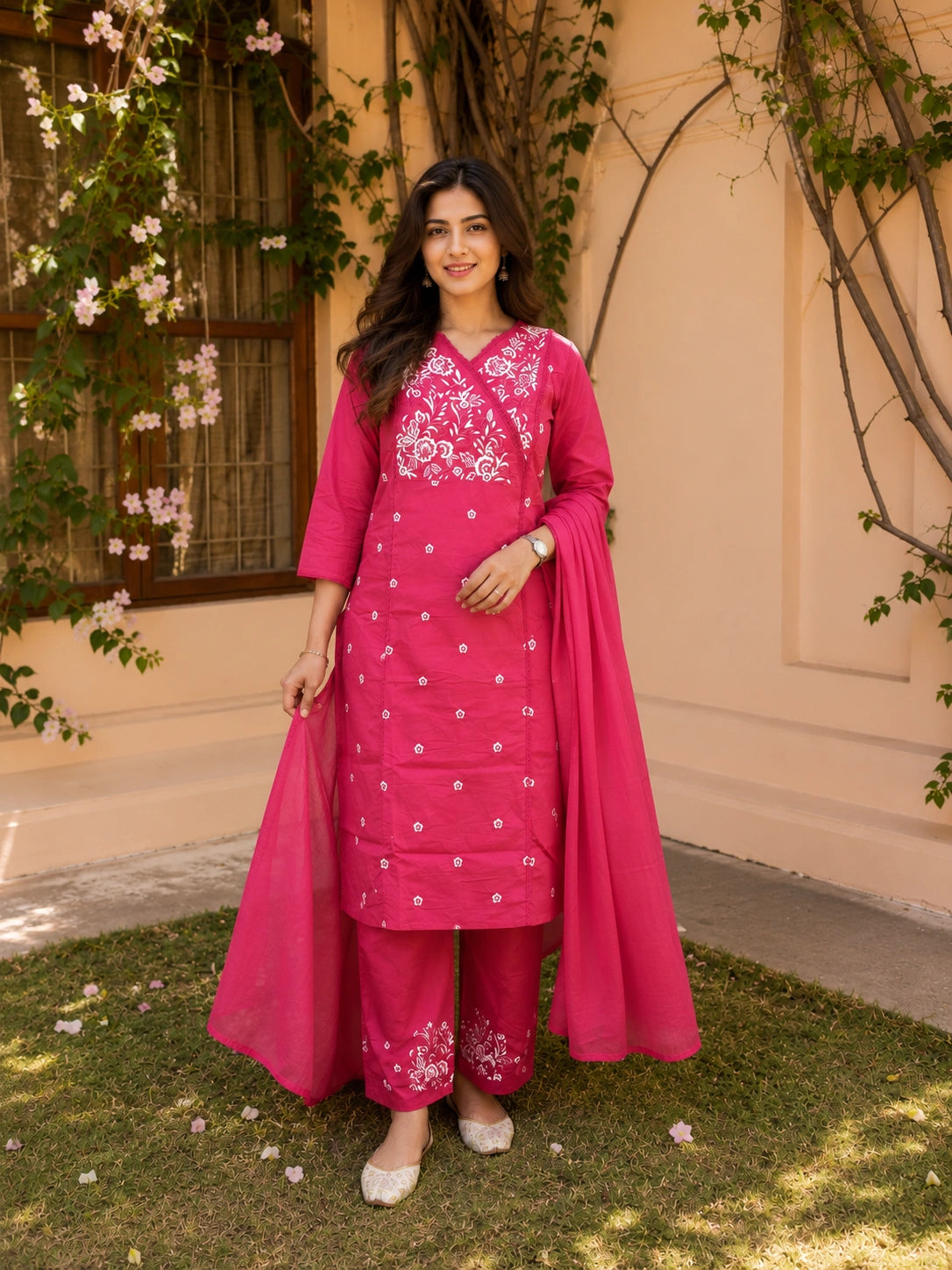 Women's embroidered pink kurta pant set with dupatta