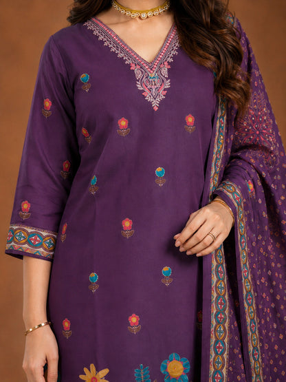 Purple Silk Blend Kurta Set with Dupatta