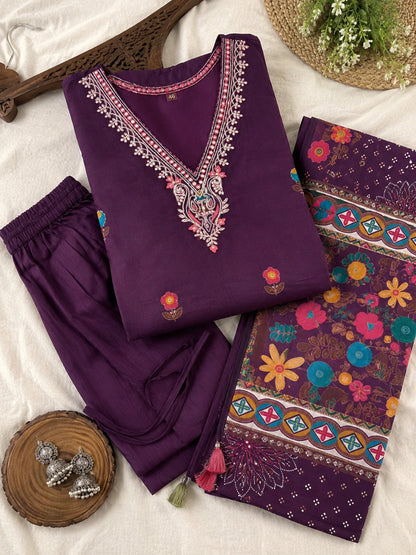 Purple Silk Blend Kurta Set with Dupatta