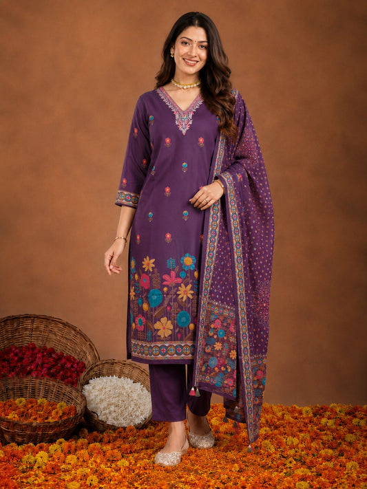 Purple Silk Blend Kurta Set with Dupatta