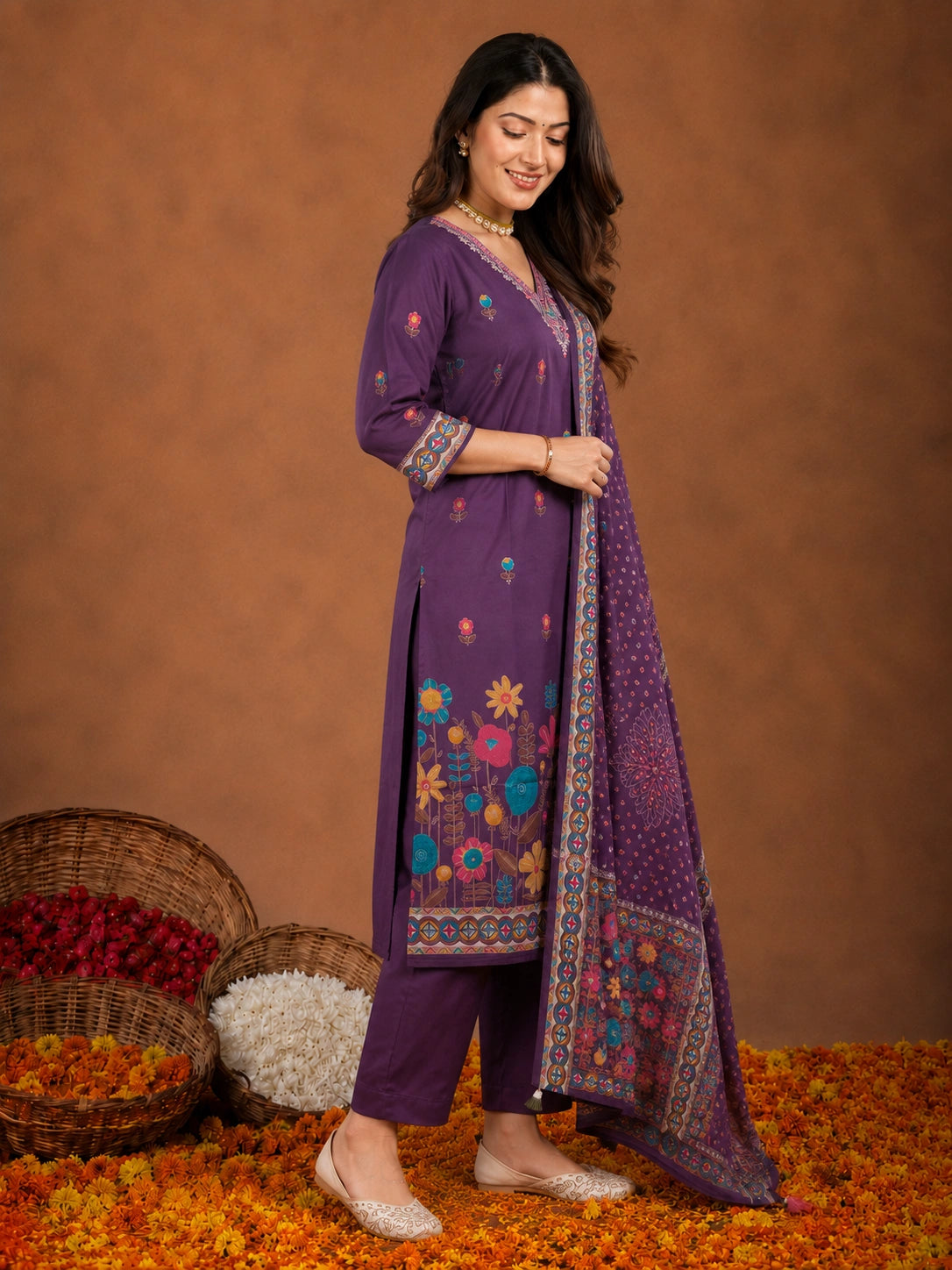Purple Silk Blend Kurta Set with Dupatta