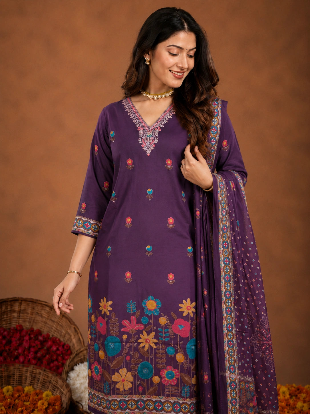 Purple Silk Blend Kurta Set with Dupatta