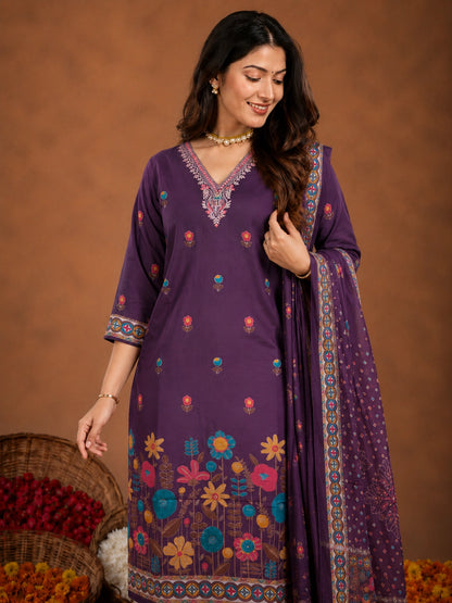 Purple Silk Blend Kurta Set with Dupatta