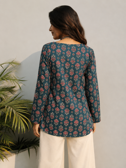 Green Butta Printed Short Kurti