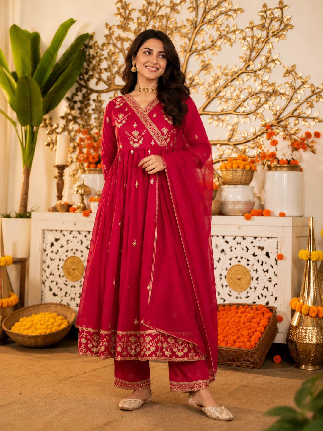 Red cotton embroidered Anarkali kurta set for women