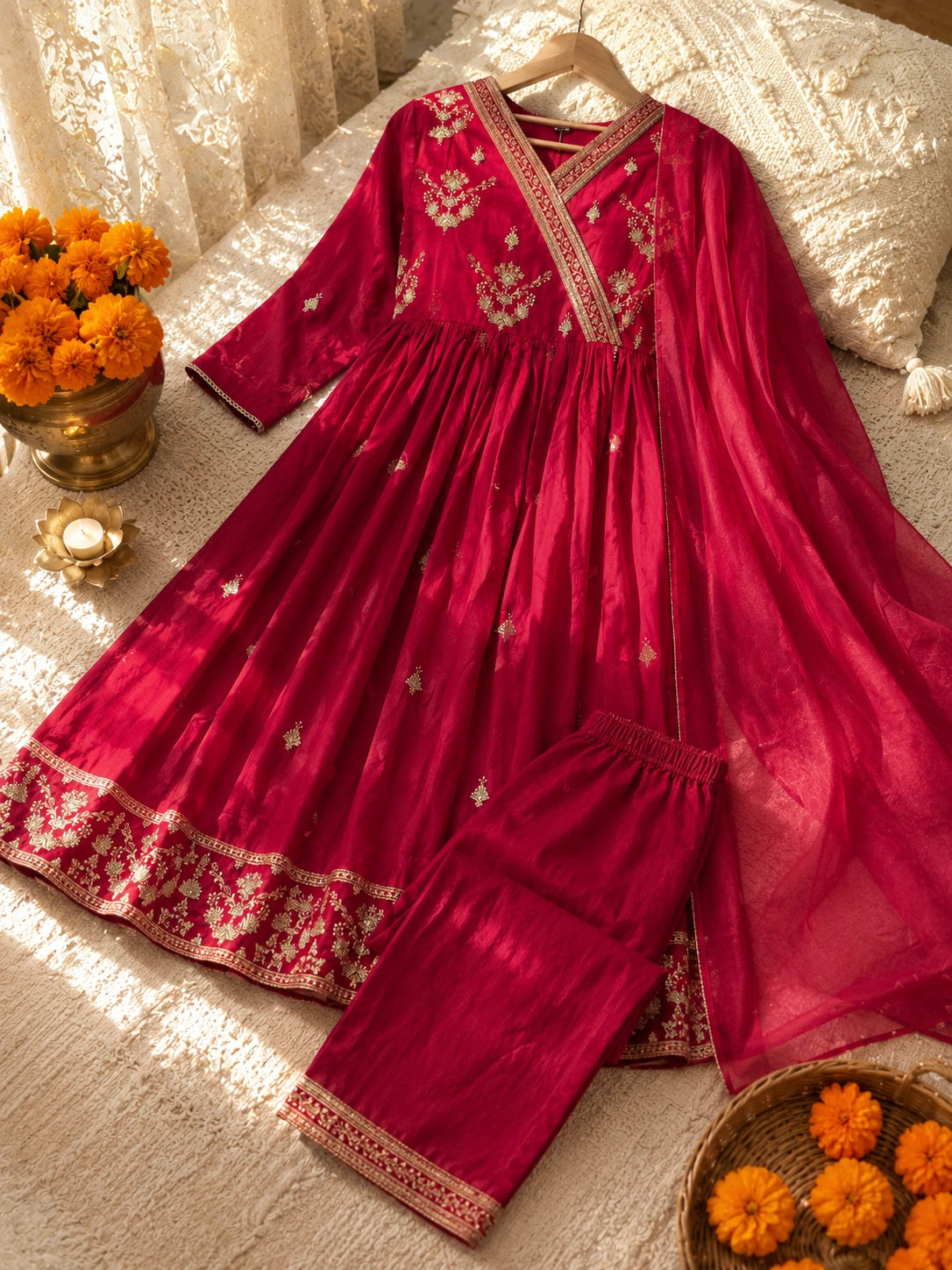 red Anarkali kurta set for women