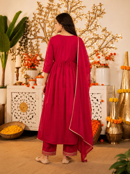 Red cotton embroidered Anarkali kurta set for women
